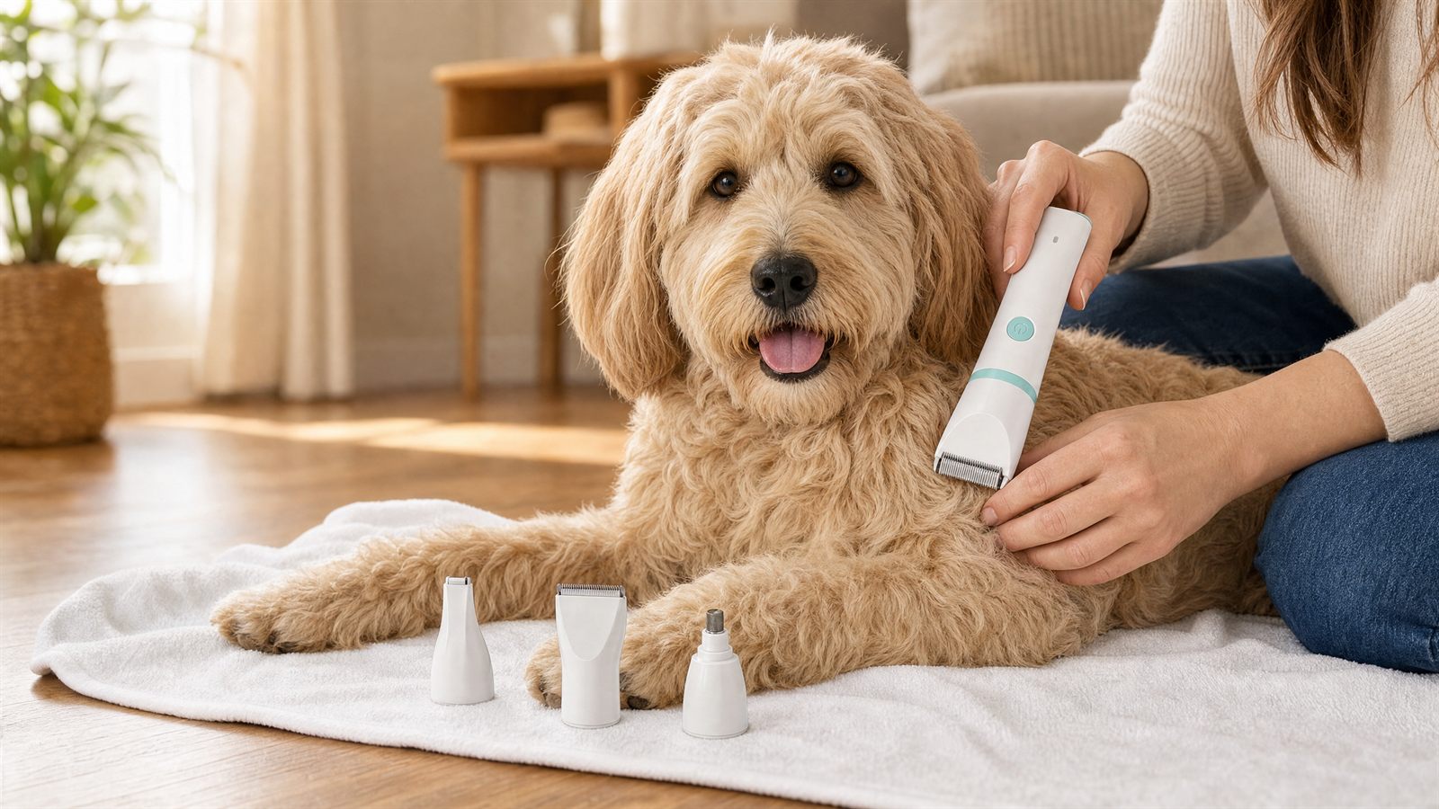 Dog being groomed at home with the PawPrecision 4-in-1 Grooming Kit