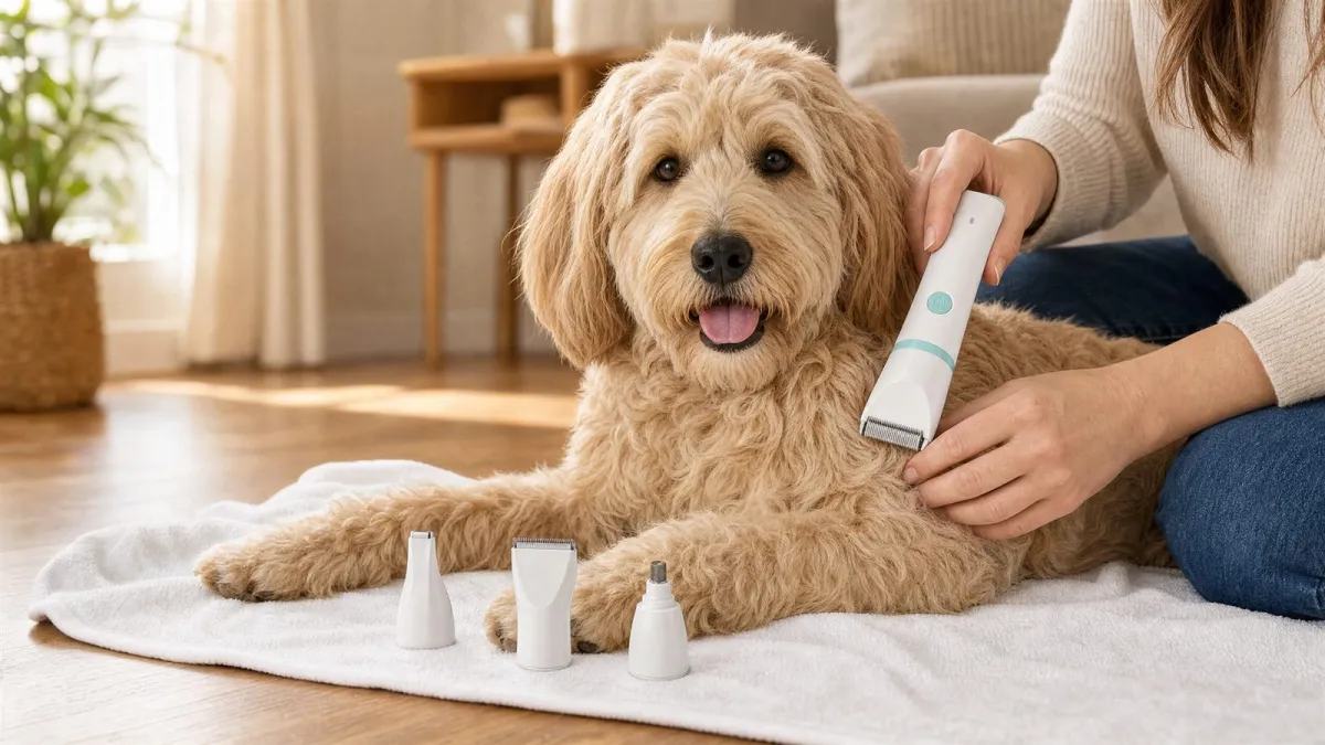 Dog being groomed at home with the PawPrecision 4-in-1 Grooming Kit